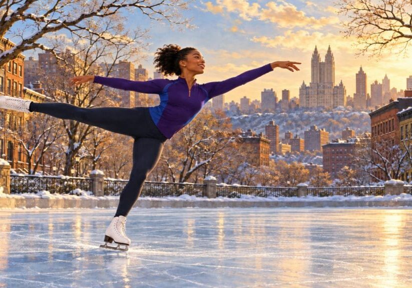 AI-generated illustration of an imagined young figure skater in a Harlem-inspired winter cityscape, in purple, blue and orange.